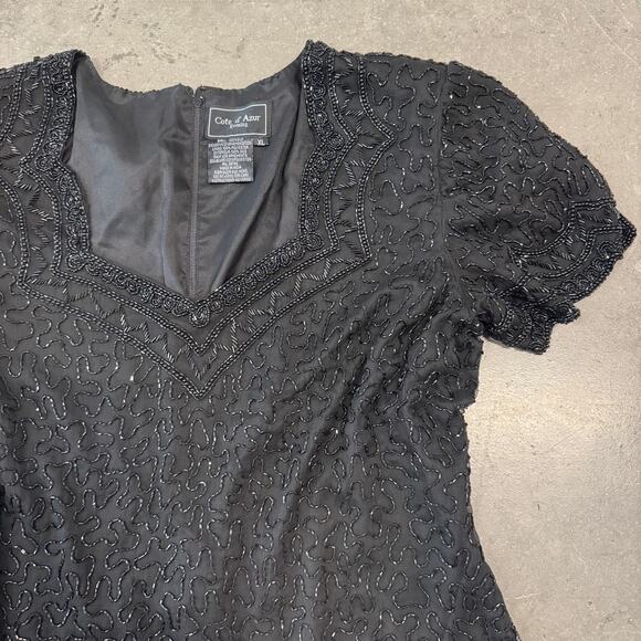 Vintage Y2K Black Silk Fully Embellished Short Sleeve Flowy Women's Blouse XL - Picture 2 of 6